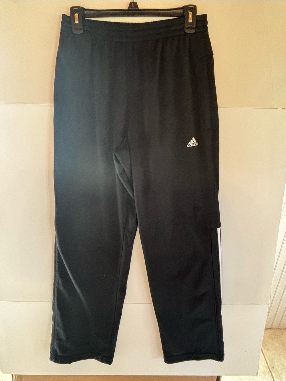 adidas Men’s Small Black Track Pants White 3-Stripes Pull-On Elastic Waist